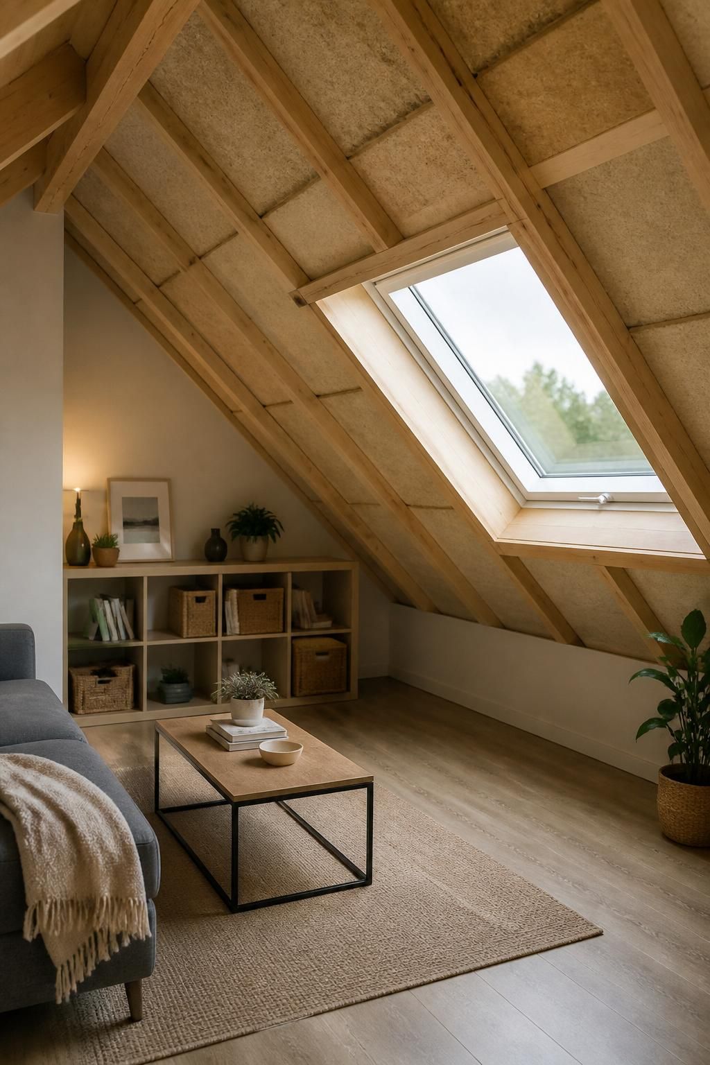 Finished attic space with clean roof insulation and soft light.