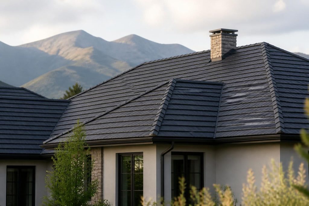Modern house roof with clean new tiles in soft natural light.